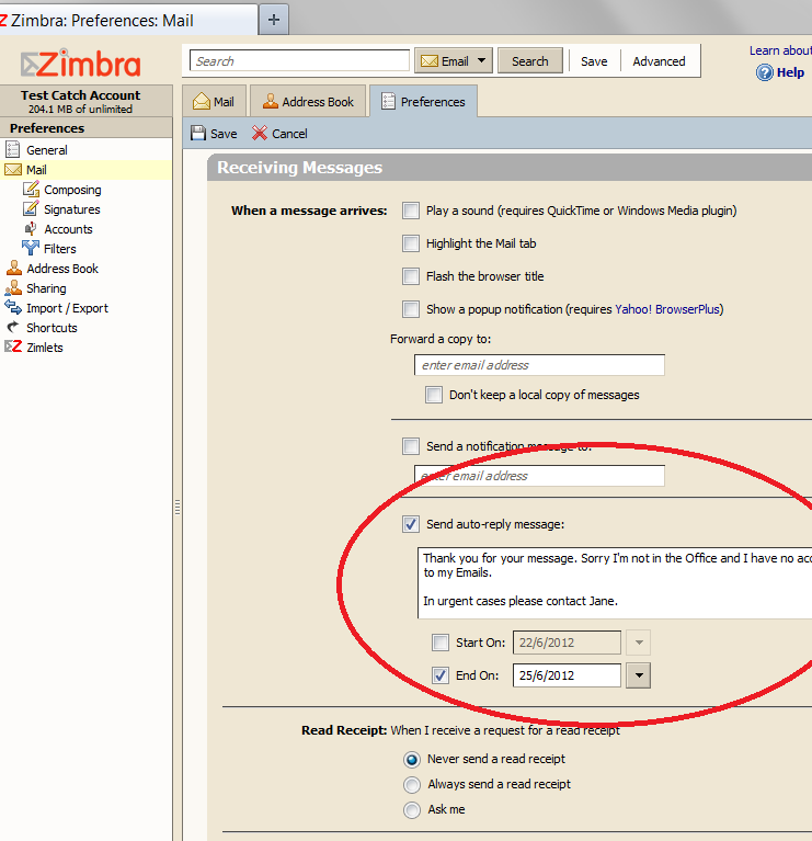 Zimbra -  Out of office reply